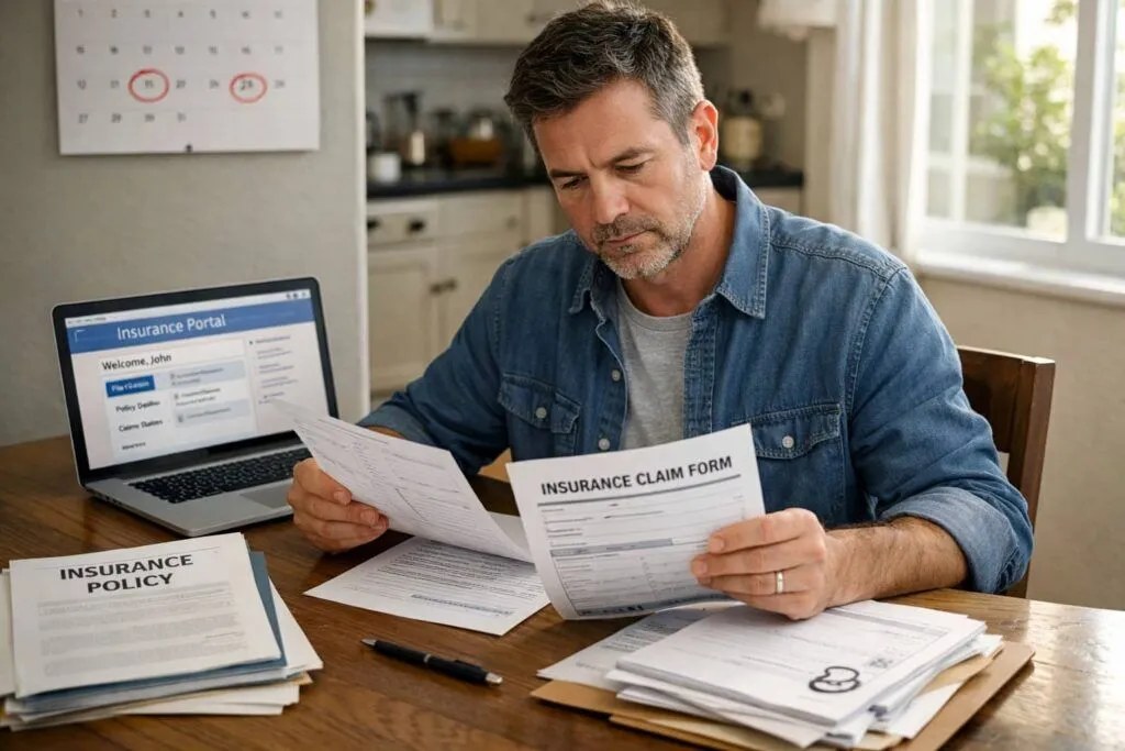 An insurance adjuster reviewing claim paperwork